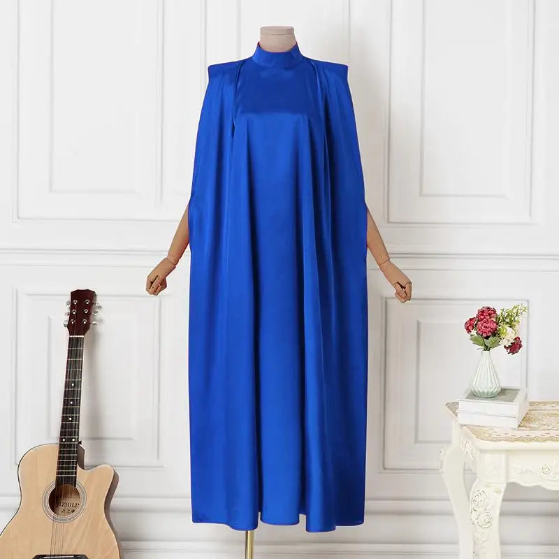 VONDA Women Elegant Satin Dress 2024 Fashion Long Bat Sleeve Stand Collar Evening Pleated Maxi Sundress Casual Solid Loose Robe
