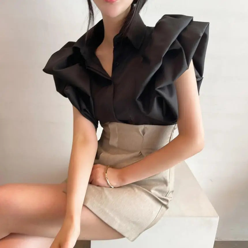 2025 Y2K Women Chiffon Black Shirts Summer Fashion Elegant Puff Sleeve Tops Korean All Match Female Casual Blouse New Blusas