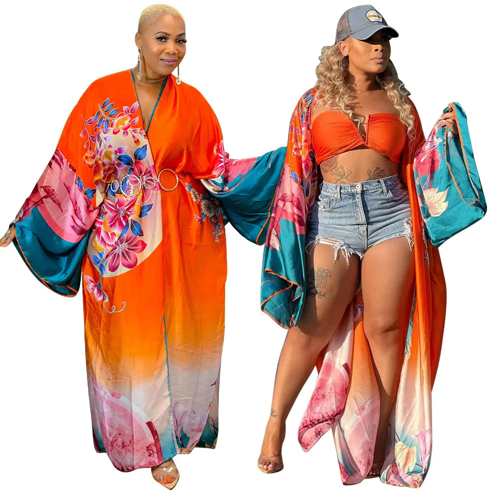 Women's Satin Open Front Cardigan Kimono Duster Sexy Beach Cover-Up Loose Long Flowy Maxi Kimonos Floral Print Summer Cardigan