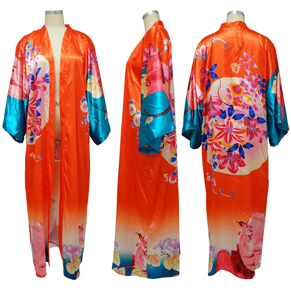 Women's Satin Open Front Cardigan Kimono Duster Sexy Beach Cover-Up Loose Long Flowy Maxi Kimonos Floral Print Summer Cardigan
