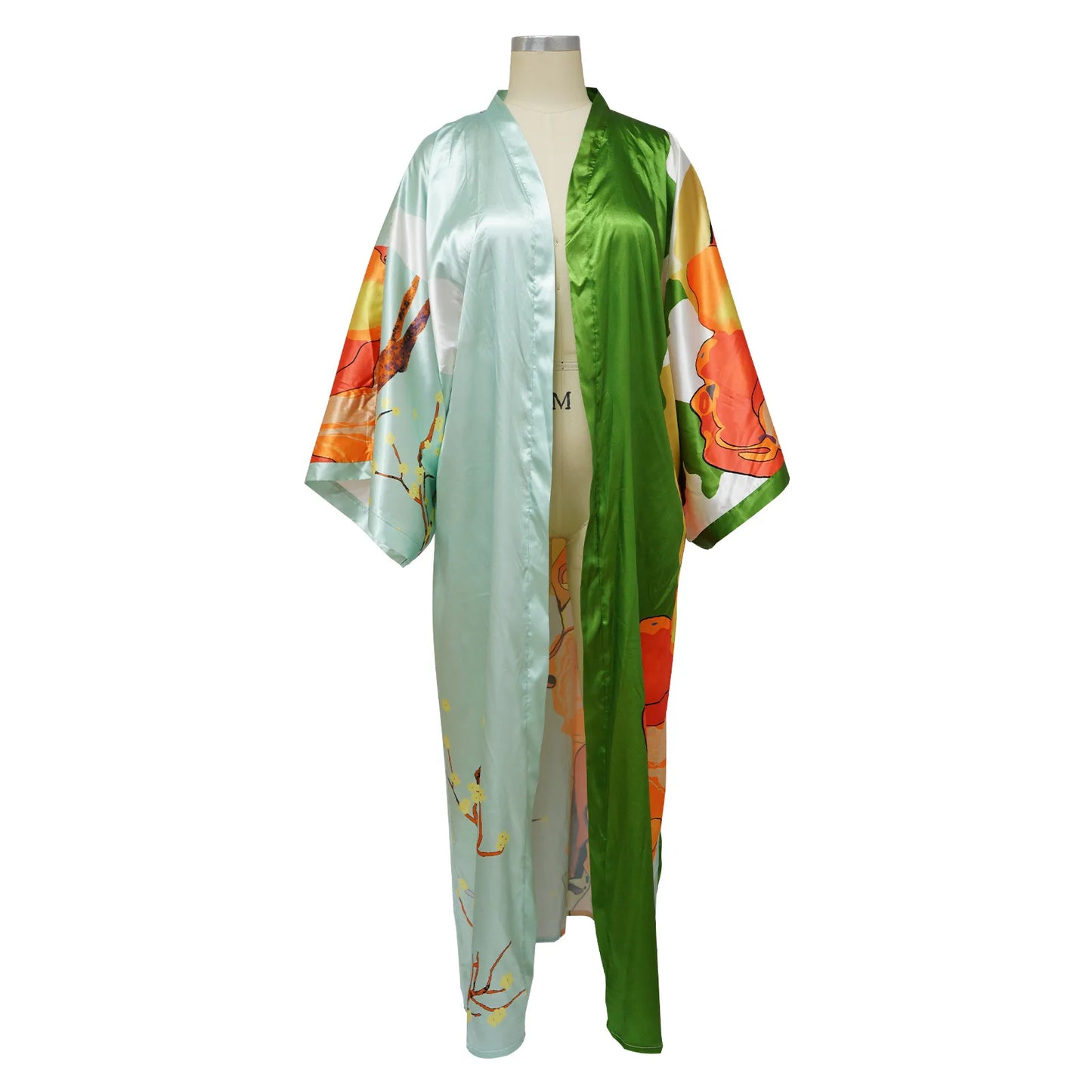 Women's Satin Open Front Cardigan Kimono Duster Sexy Beach Cover-Up Loose Long Flowy Maxi Kimonos Floral Print Summer Cardigan