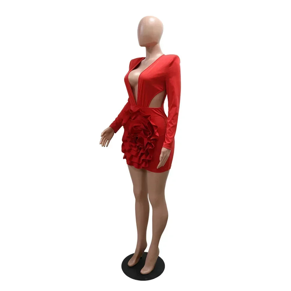 Women Rose Floral Applique Long Sleeve Bodycon Mini Midi Dress Winter V-neck Club Sexy Party Evening Dresses Vestidos