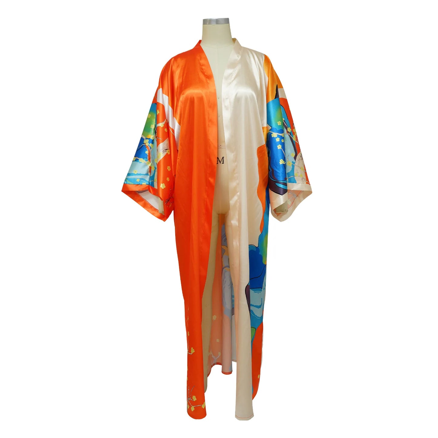 Women's Satin Open Front Cardigan Kimono Duster Sexy Beach Cover-Up Loose Long Flowy Maxi Kimonos Floral Print Summer Cardigan