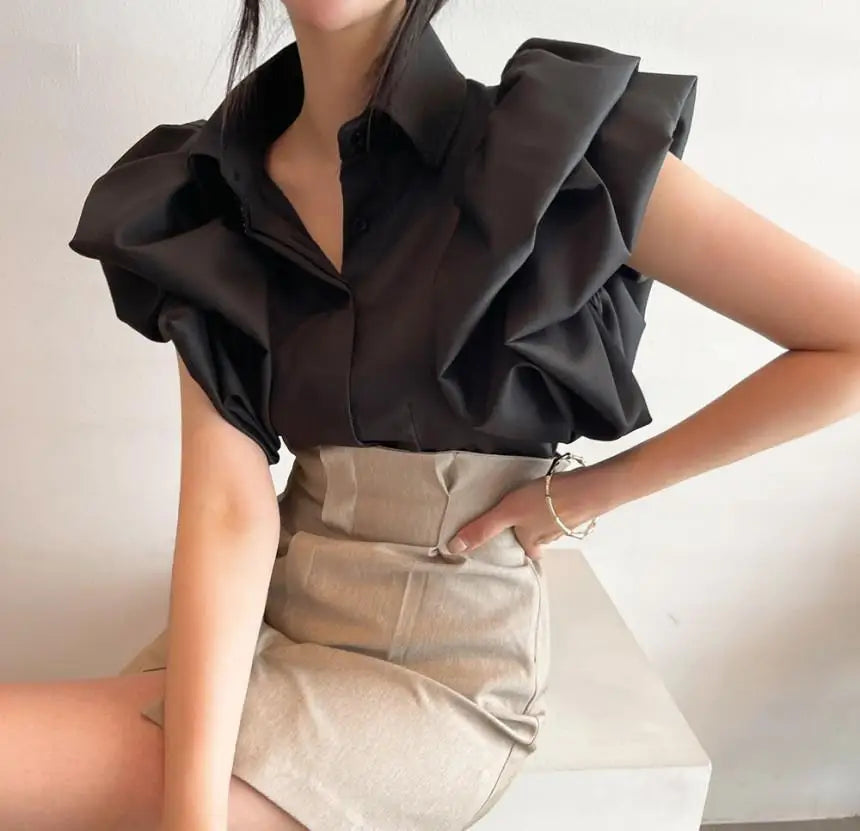 2025 Y2K Women Chiffon Black Shirts Summer Fashion Elegant Puff Sleeve Tops Korean All Match Female Casual Blouse New Blusas