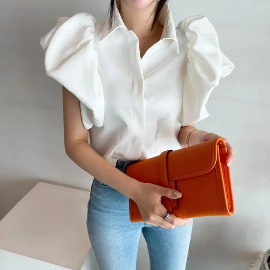 2025 Y2K Women Chiffon Black Shirts Summer Fashion Elegant Puff Sleeve Tops Korean All Match Female Casual Blouse New Blusas