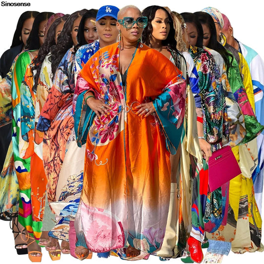 Women's Satin Open Front Cardigan Kimono Duster Sexy Beach Cover-Up Loose Long Flowy Maxi Kimonos Floral Print Summer Cardigan