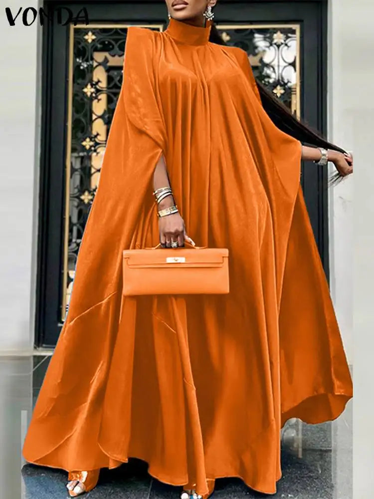 VONDA Women Elegant Satin Dress 2024 Fashion Long Bat Sleeve Stand Collar Evening Pleated Maxi Sundress Casual Solid Loose Robe