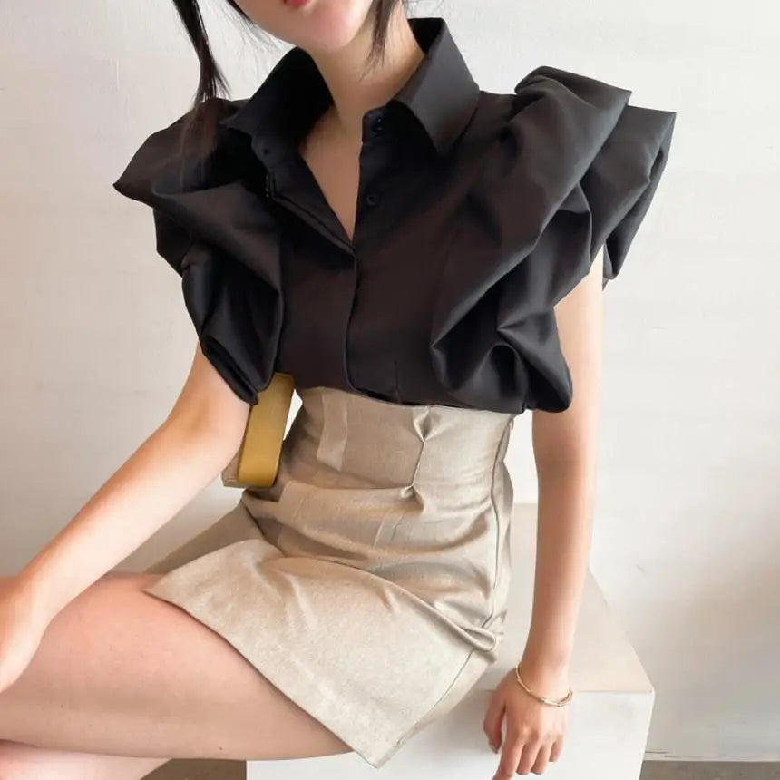 2025 Y2K Women Chiffon Black Shirts Summer Fashion Elegant Puff Sleeve Tops Korean All Match Female Casual Blouse New Blusas