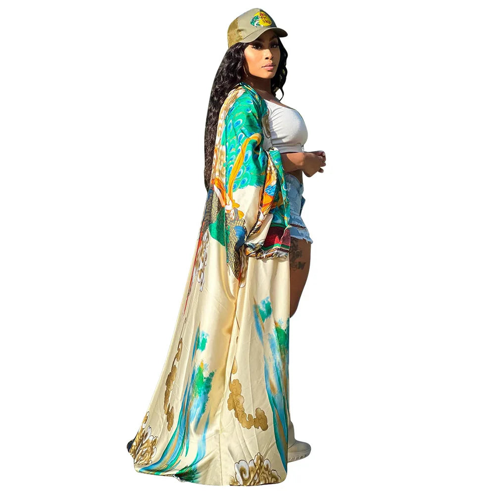 Women's Satin Open Front Cardigan Kimono Duster Sexy Beach Cover-Up Loose Long Flowy Maxi Kimonos Floral Print Summer Cardigan