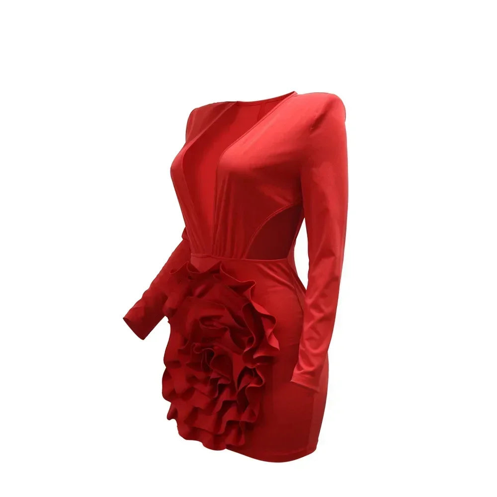 Women Rose Floral Applique Long Sleeve Bodycon Mini Midi Dress Winter V-neck Club Sexy Party Evening Dresses Vestidos
