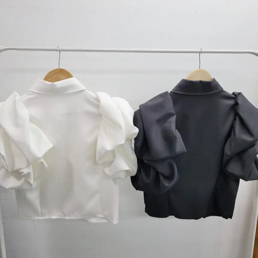 2025 Y2K Women Chiffon Black Shirts Summer Fashion Elegant Puff Sleeve Tops Korean All Match Female Casual Blouse New Blusas