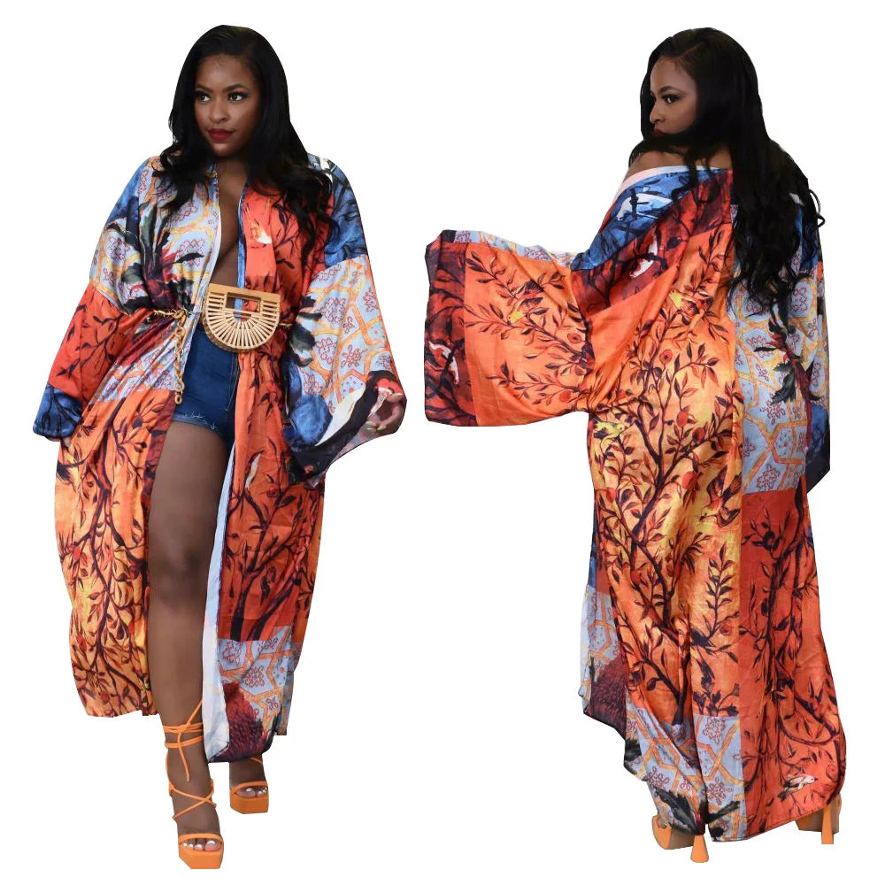 Women's Satin Open Front Cardigan Kimono Duster Sexy Beach Cover-Up Loose Long Flowy Maxi Kimonos Floral Print Summer Cardigan