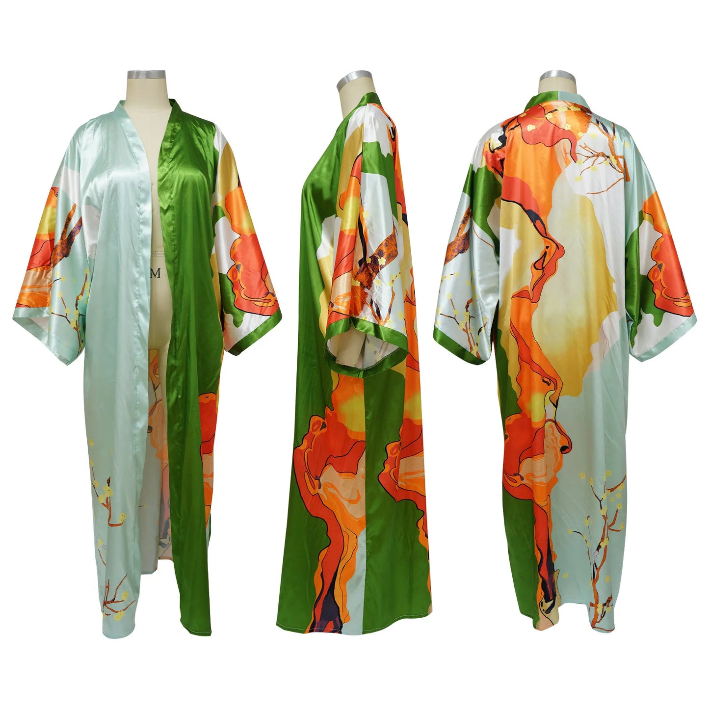 Women's Satin Open Front Cardigan Kimono Duster Sexy Beach Cover-Up Loose Long Flowy Maxi Kimonos Floral Print Summer Cardigan