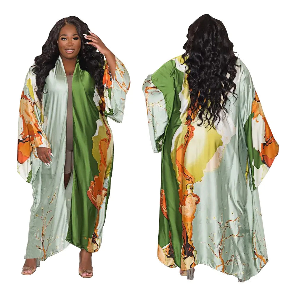 Women's Satin Open Front Cardigan Kimono Duster Sexy Beach Cover-Up Loose Long Flowy Maxi Kimonos Floral Print Summer Cardigan