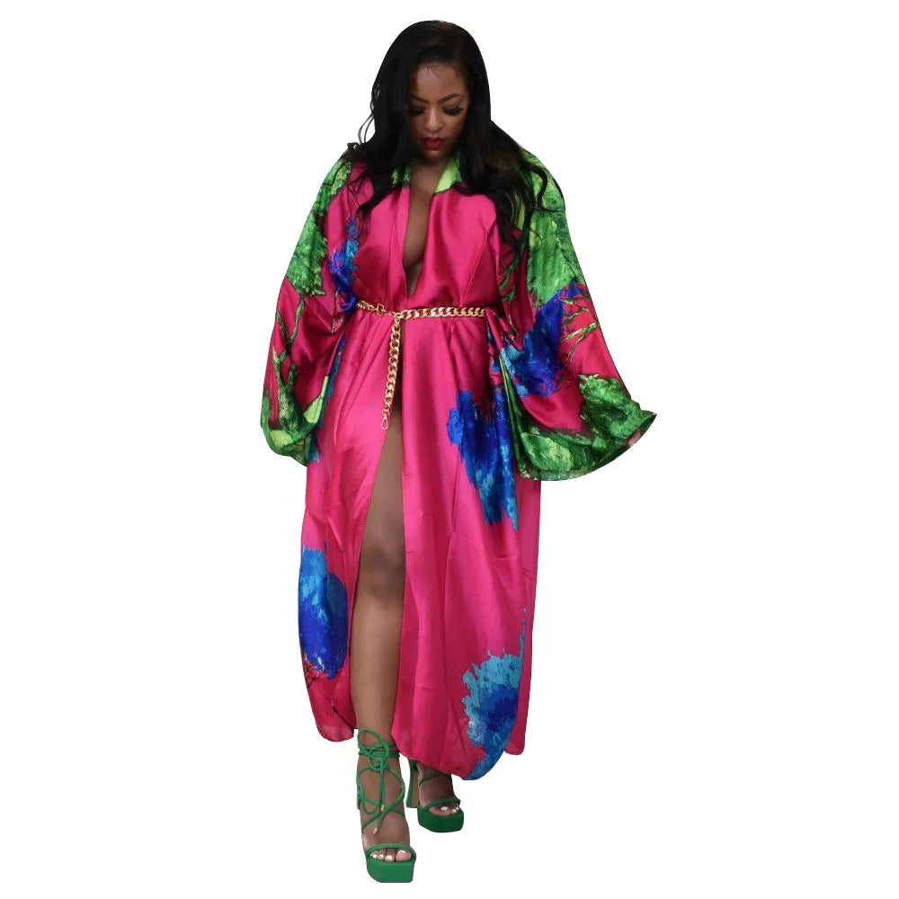 Women's Satin Open Front Cardigan Kimono Duster Sexy Beach Cover-Up Loose Long Flowy Maxi Kimonos Floral Print Summer Cardigan