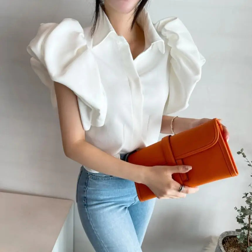 2025 Y2K Women Chiffon Black Shirts Summer Fashion Elegant Puff Sleeve Tops Korean All Match Female Casual Blouse New Blusas