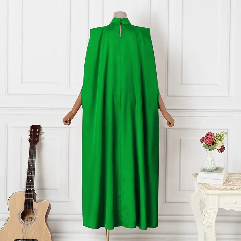 VONDA Women Elegant Satin Dress 2024 Fashion Long Bat Sleeve Stand Collar Evening Pleated Maxi Sundress Casual Solid Loose Robe
