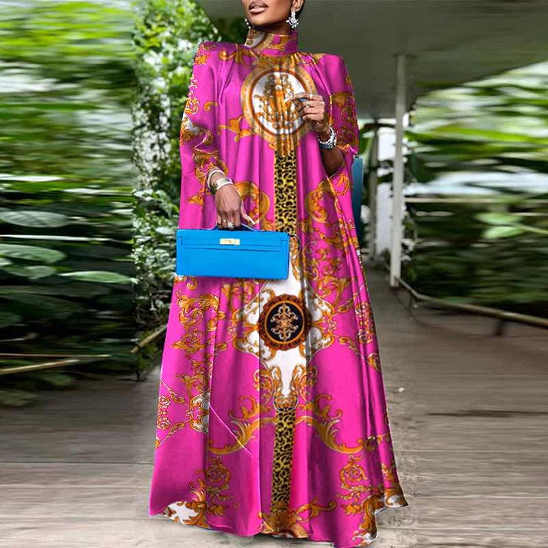 VONDA Elegant Women Maxi Sundress Stand Collar Sexy Sleeveless Bohemian Printed Long Dress Casual Loose Bat Sleeve Party Robe