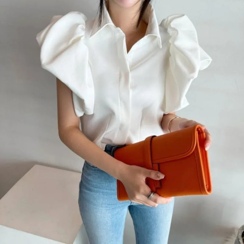 2025 Y2K Women Chiffon Black Shirts Summer Fashion Elegant Puff Sleeve Tops Korean All Match Female Casual Blouse New Blusas
