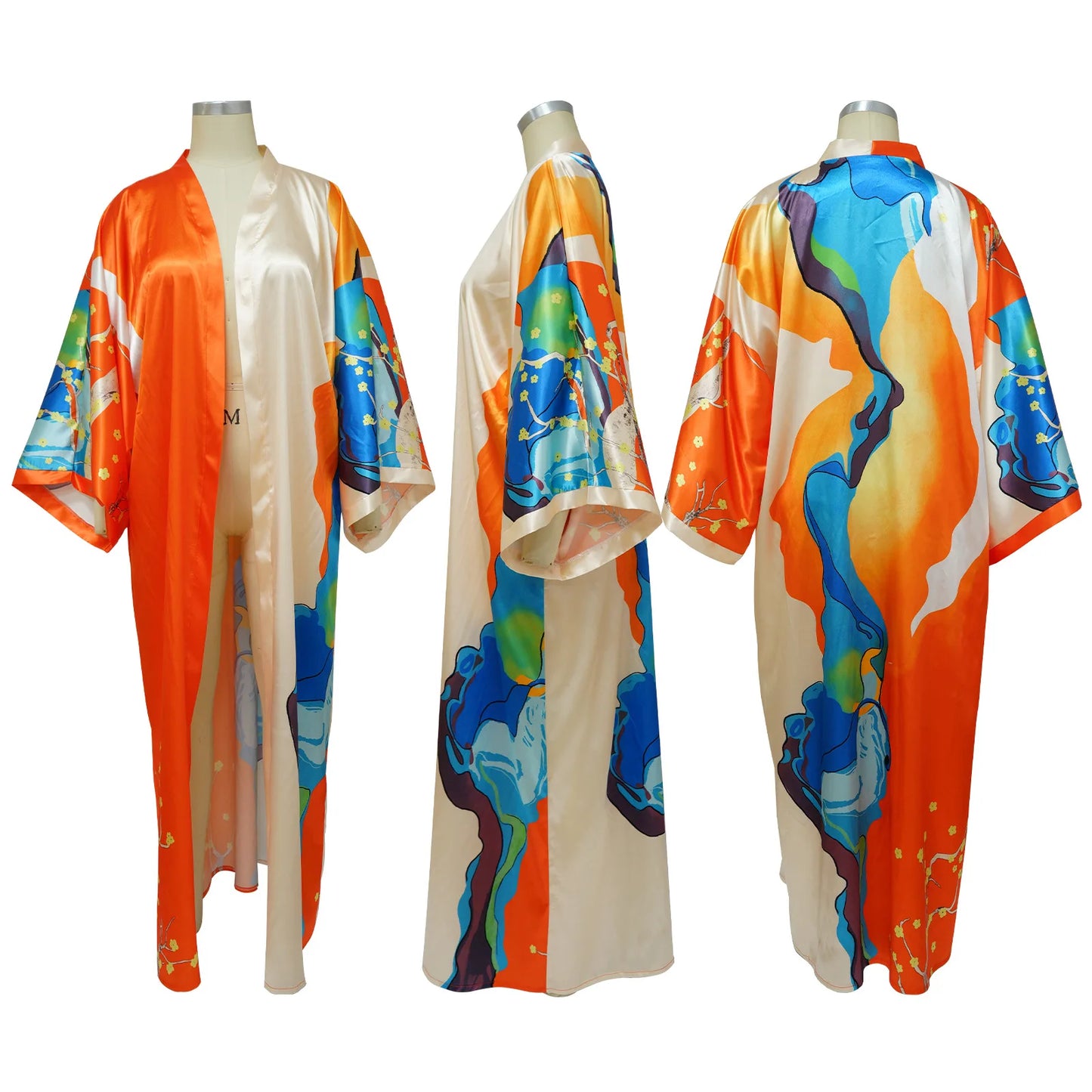 Women's Satin Open Front Cardigan Kimono Duster Sexy Beach Cover-Up Loose Long Flowy Maxi Kimonos Floral Print Summer Cardigan