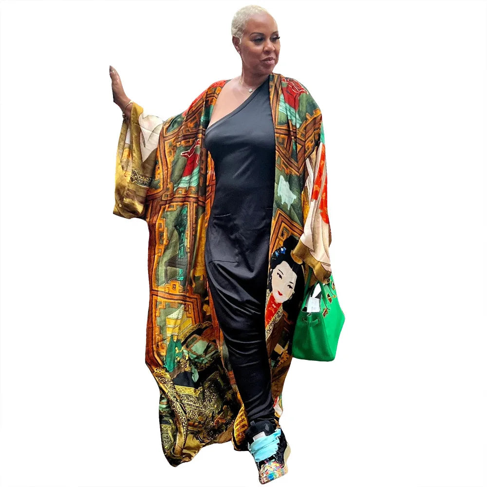 Women's Satin Open Front Cardigan Kimono Duster Sexy Beach Cover-Up Loose Long Flowy Maxi Kimonos Floral Print Summer Cardigan