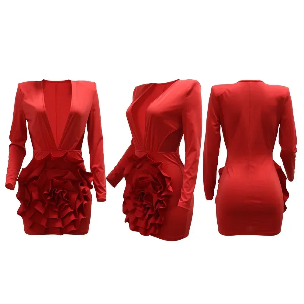Women Rose Floral Applique Long Sleeve Bodycon Mini Midi Dress Winter V-neck Club Sexy Party Evening Dresses Vestidos