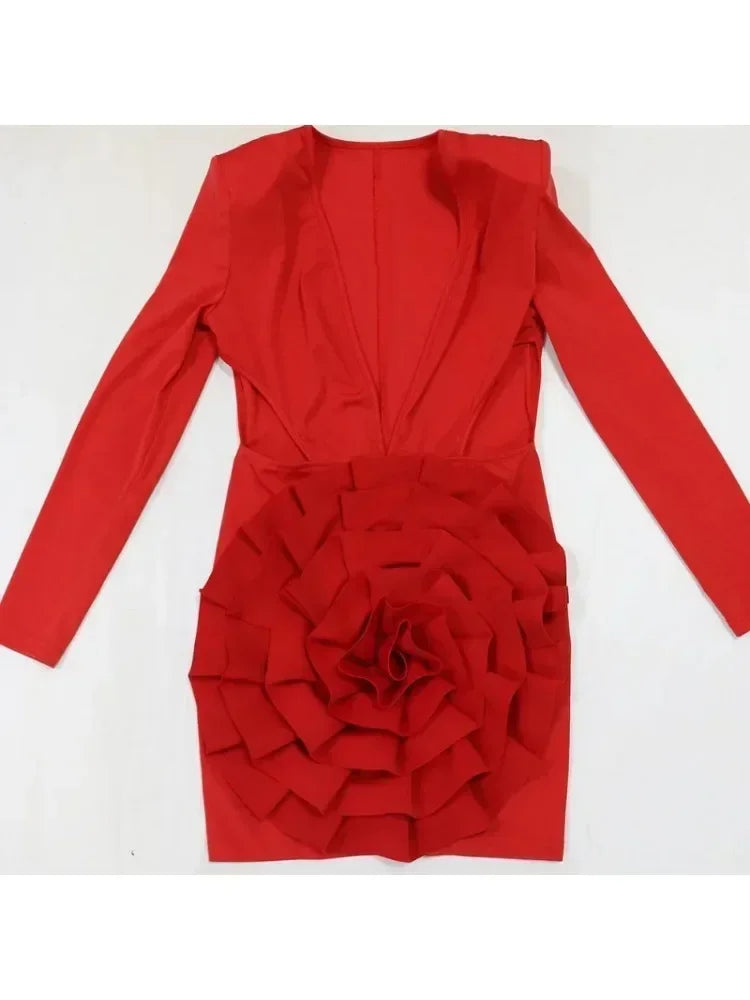 Women Rose Floral Applique Long Sleeve Bodycon Mini Midi Dress Winter V-neck Club Sexy Party Evening Dresses Vestidos