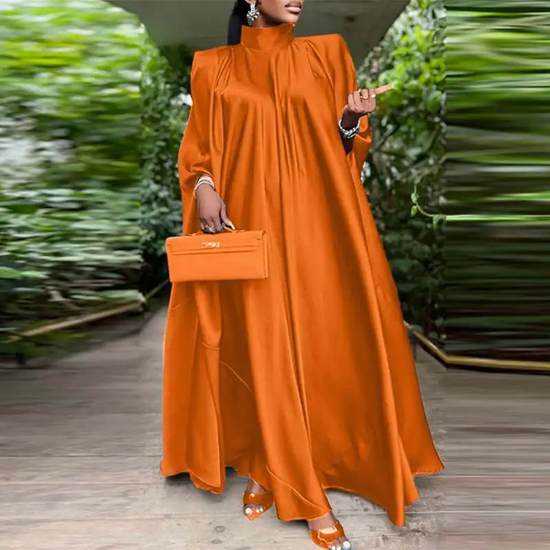VONDA Women Elegant Satin Dress 2024 Fashion Long Bat Sleeve Stand Collar Evening Pleated Maxi Sundress Casual Solid Loose Robe
