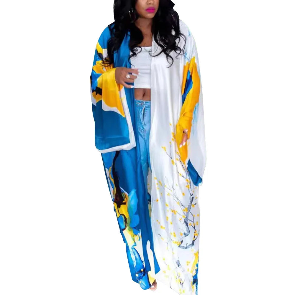 Women's Satin Open Front Cardigan Kimono Duster Sexy Beach Cover-Up Loose Long Flowy Maxi Kimonos Floral Print Summer Cardigan