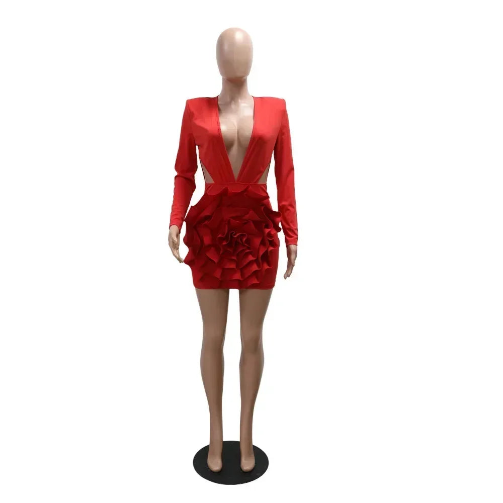 Women Rose Floral Applique Long Sleeve Bodycon Mini Midi Dress Winter V-neck Club Sexy Party Evening Dresses Vestidos