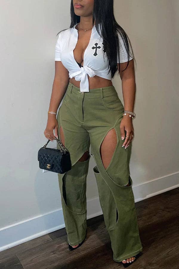 MB FASHION STRAIGHT LEG HIGH WAIST CUTOUTS PANTS