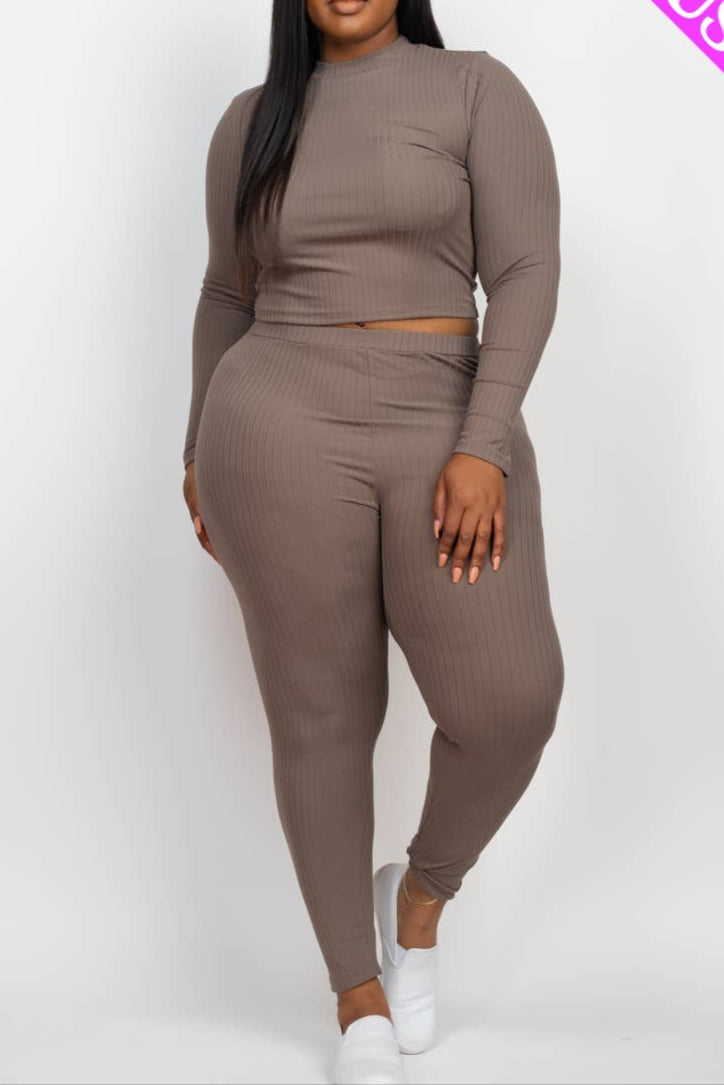 Plus Size Ribbed Mock Neck Long Sleeve Top & Leggings Set