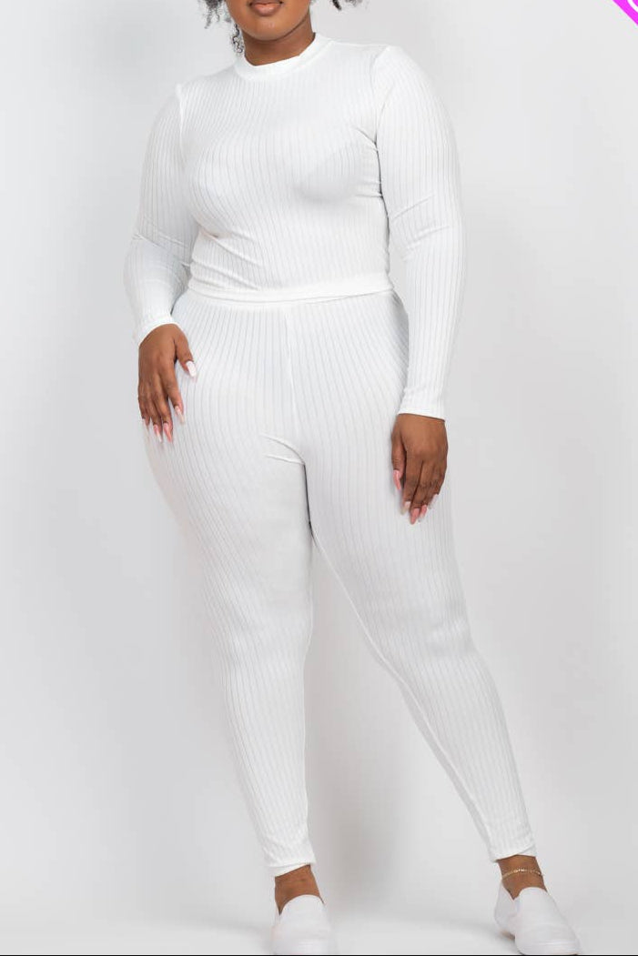Plus Size Ribbed Mock Neck Long Sleeve Top & Leggings Set