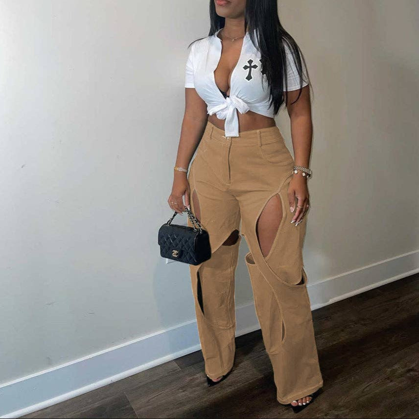 MB FASHION STRAIGHT LEG HIGH WAIST CUTOUTS PANTS