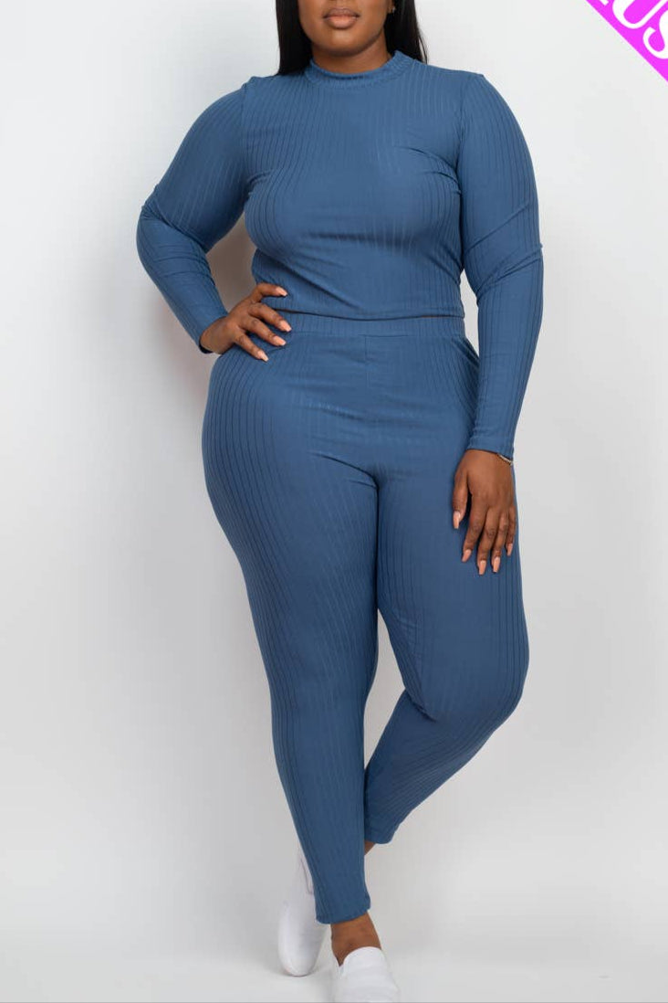 Plus Size Ribbed Mock Neck Long Sleeve Top & Leggings Set