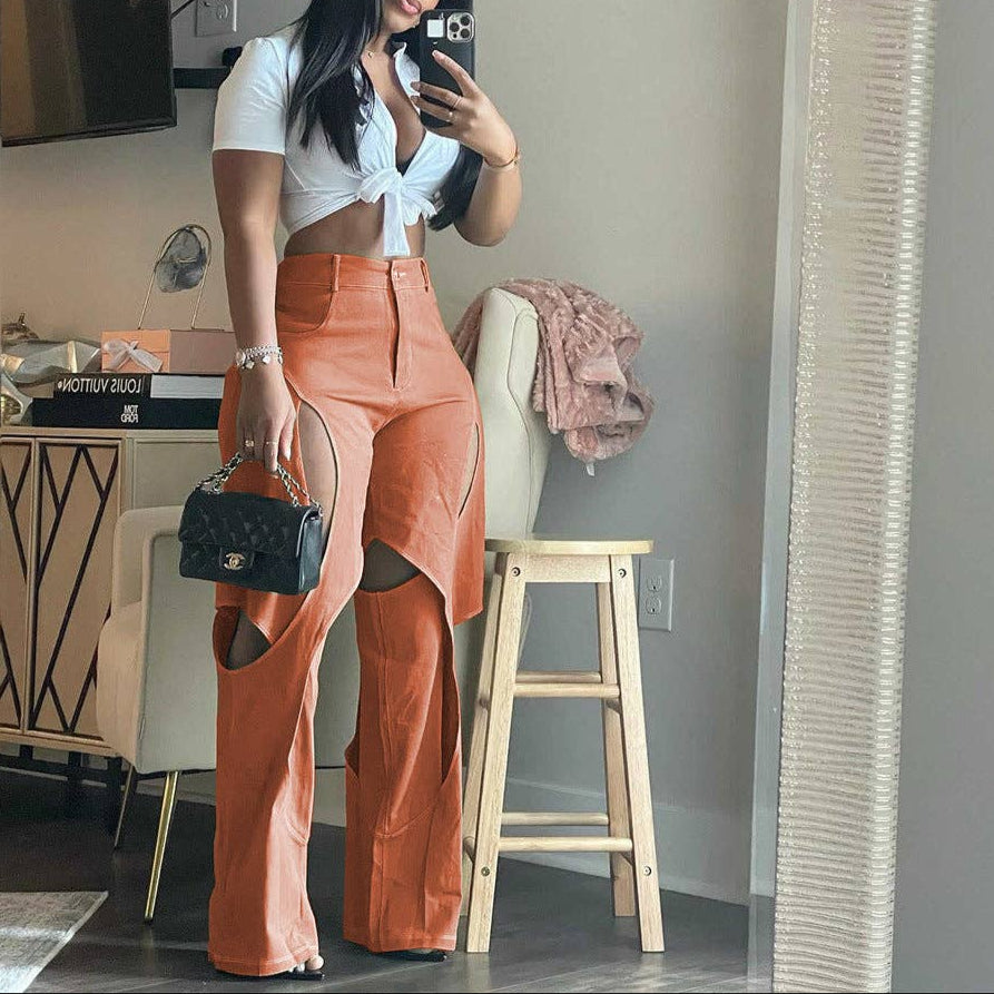 MB FASHION STRAIGHT LEG HIGH WAIST CUTOUTS PANTS
