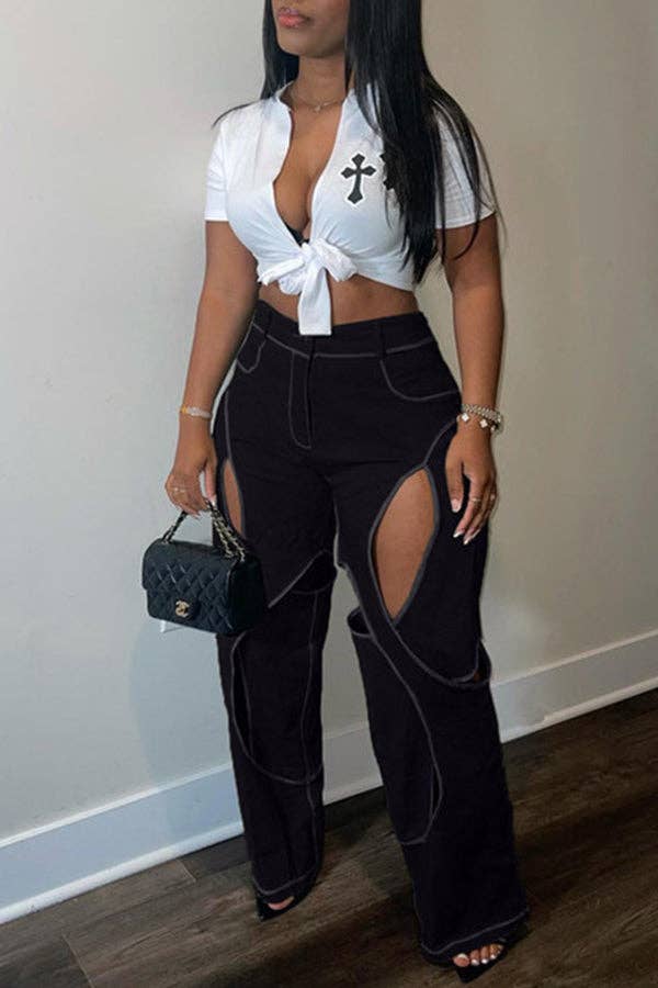 MB FASHION STRAIGHT LEG HIGH WAIST CUTOUTS PANTS