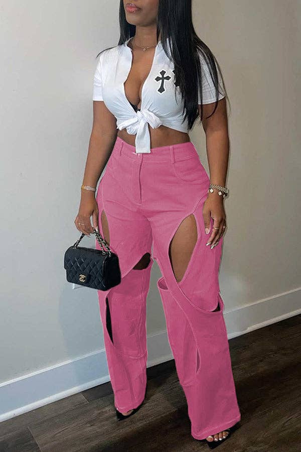 MB FASHION STRAIGHT LEG HIGH WAIST CUTOUTS PANTS