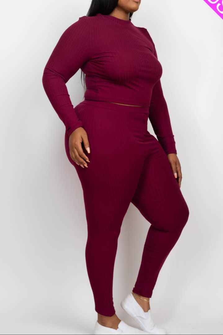 Plus Size Ribbed Mock Neck Long Sleeve Top & Leggings Set