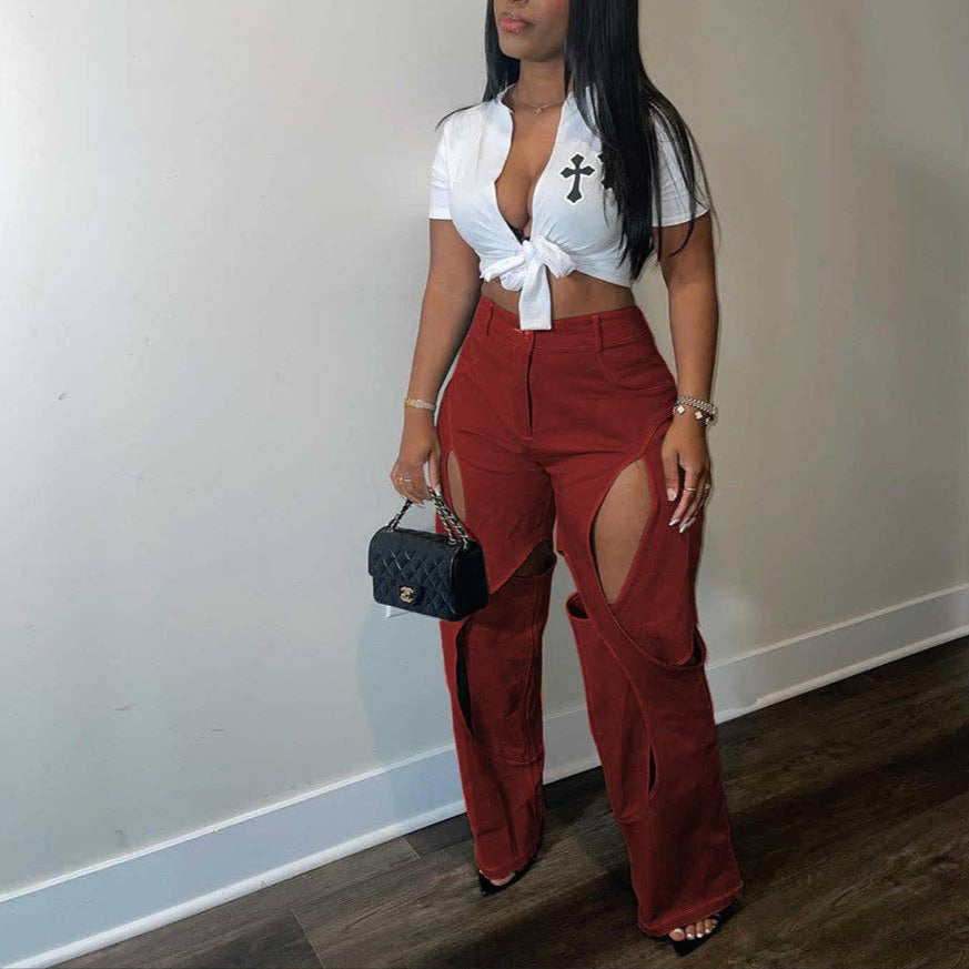 MB FASHION STRAIGHT LEG HIGH WAIST CUTOUTS PANTS