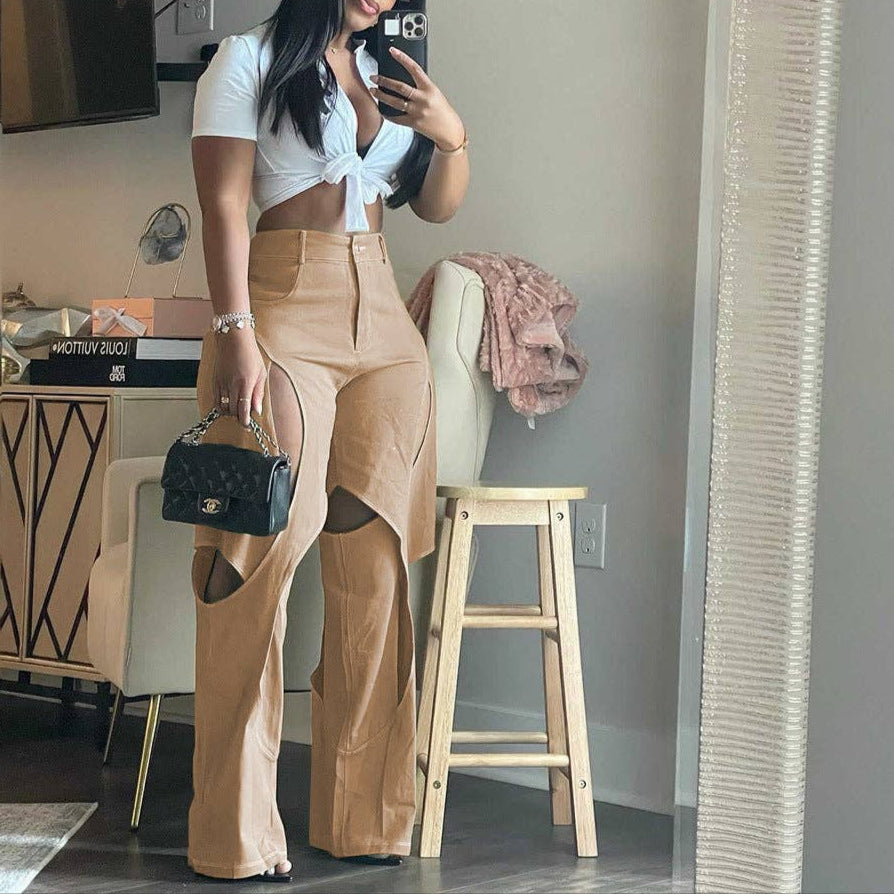 MB FASHION STRAIGHT LEG HIGH WAIST CUTOUTS PANTS