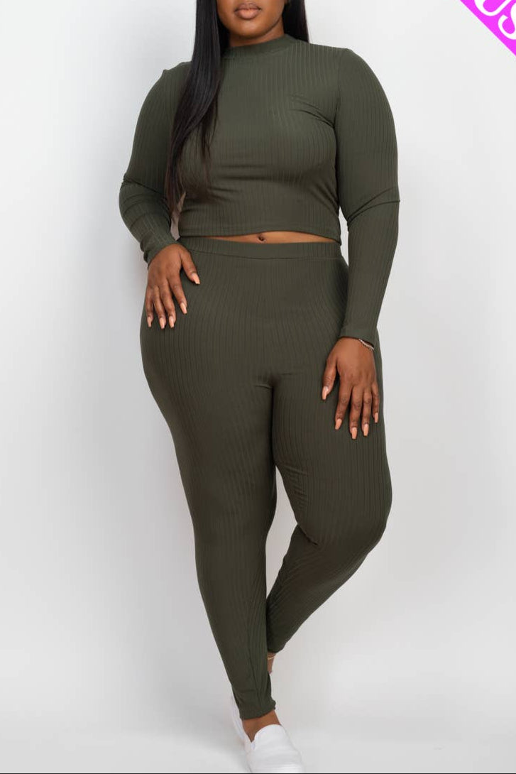 Plus Size Ribbed Mock Neck Long Sleeve Top & Leggings Set